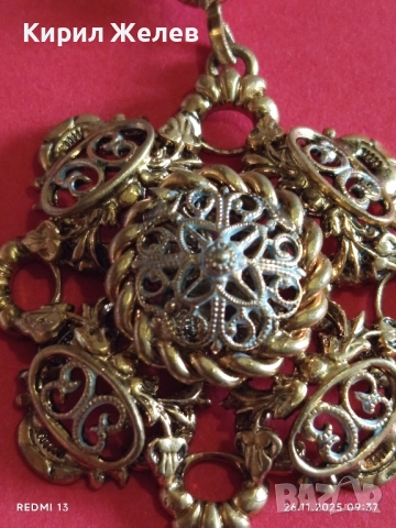 КОЛИЕ СТАРИННО РАЗКОШНО ПОЗЛАТЕНО ФИННА РЪЧНА МАЙСТОРСКА АЖУРНА ИЗРАБОТКА 52321, снимка 4 - Колиета, медальони, синджири - 52544998