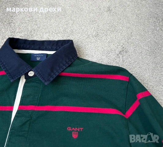 GANT fine knit lambswool striped rugby polo in green L, снимка 2 - Тениски - 53111826