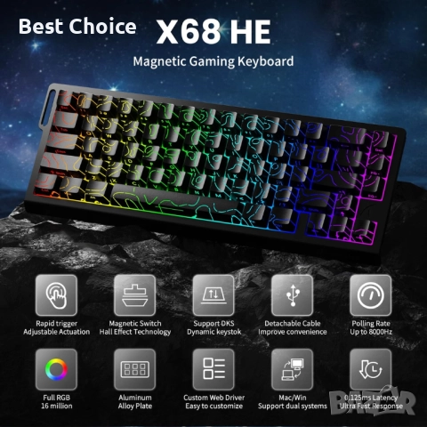 Геймърска клавиатура ATTACK SHARK X68 HE Rapid Trigger, снимка 7 - Клавиатури и мишки - 52816765