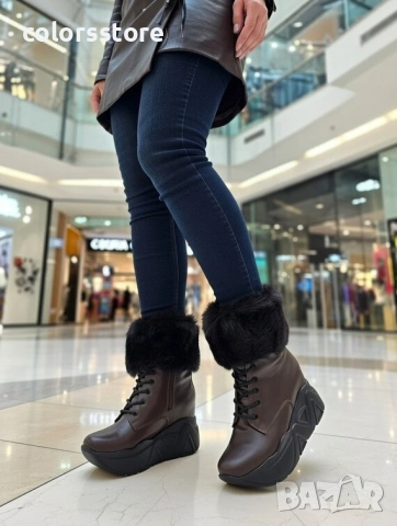 Боти на платформа - кафява кожа с черен пух и черно ходило - BPH1 