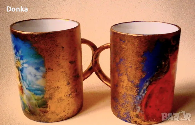 Двойка чаши с богини "Ден" и "Нощ". Ръчно правени с бои за порцелан. Единствен уникат., снимка 2 - Чаши - 48202829