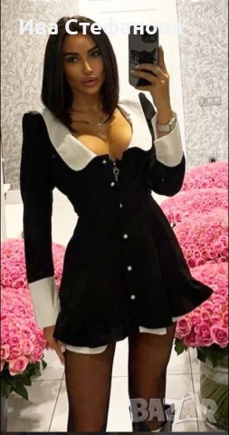 Нова луксозна класическа изчистена черна къса рокля бяла яка офис стил . Размер S ще стане и за Хс р