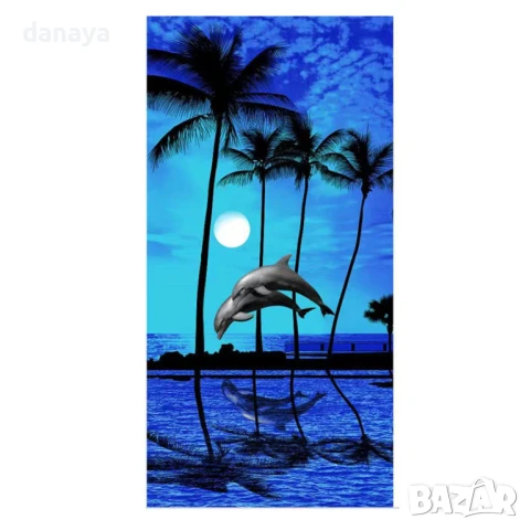 5953 Голяма плажна кърпа Залез с делфини и палми, 180x90cm, снимка 2 - Хавлиени кърпи - 50654136
