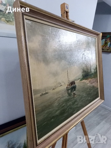 Атмосферна маслена картина "Пейзаж с лодка" (Regehbar '86) - 68x88 см, снимка 9 - Картини - 51967072