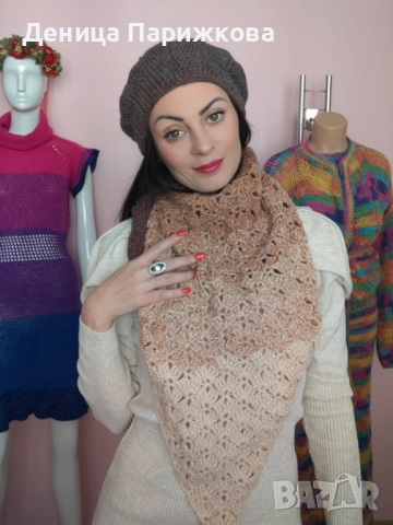 Ръчно плетен комплект „Алпака Елеганс“ – триъгълен ажурен шал и релефна барета (УНИКАТ), снимка 6 - Шалове - 52624578