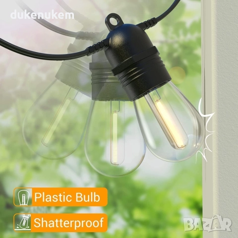 16м Външни гирлянди с 15+1 S14 LED крушки, IP65, нечупливи, топла светлина, снимка 5 - Лед осветление - 52638101