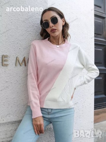 Дамски контрастен пуловер с кръгло деколте и дълъг ръкав, 3цвята - 023, снимка 5 - Блузи с дълъг ръкав и пуловери - 39096481