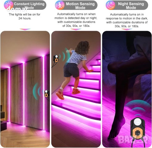 AOYADAISU LED светлинна лента за закрито, сензор за движение 3 м, 2 бр, снимка 4 - Лед осветление - 43957465