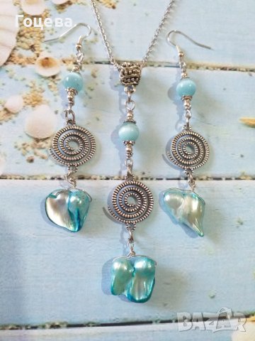 Красив комплект бижута със сини речни перли и камъни Хризоберил с орнаменти в цвят Сребро , снимка 1