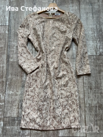 Нова парти коктейлна официална елегантна къса бежова екрю златна рокля пайети паетена , снимка 5 - Рокли - 51847373
