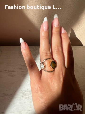 Дамски пръстен в златен цвят с перла и камък тигрово око ❤️, снимка 3 - Пръстени - 52247695