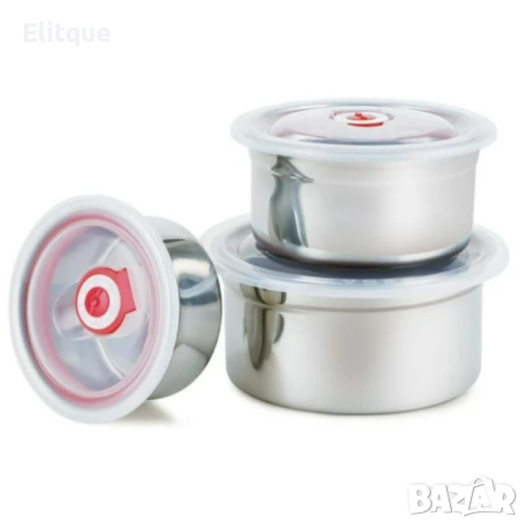 Комплект от три броя кутии за съхранение от неръждаема стомана с пластмасови капаци, снимка 2 - Други - 52861419