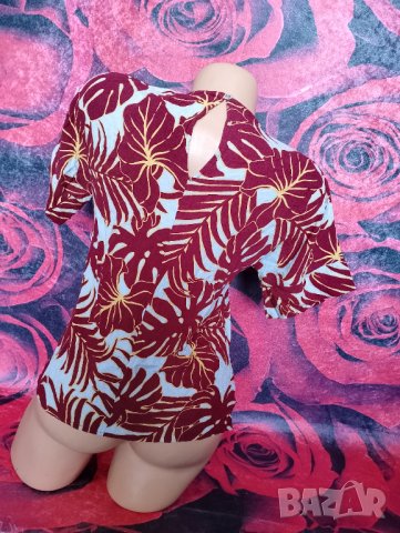 H&M Бордо блуза с къс ръкав на листа С, снимка 2 - Тениски - 37614238