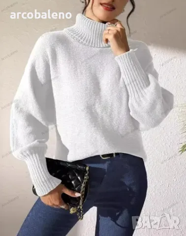 Едноцветен дамски пуловер с прилеп ръкав и висока яка с ревер, 4цвята , снимка 12 - Блузи с дълъг ръкав и пуловери - 47979724