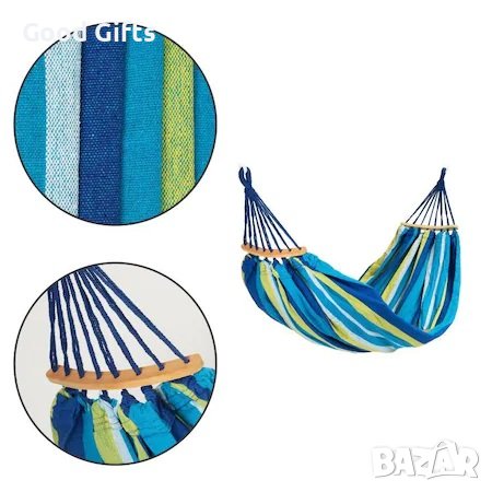 Хамак , С дървена летва, 200х80 см, Капацитет 120 кг, Син/зелен, снимка 3 - Къмпинг мебели - 38118521