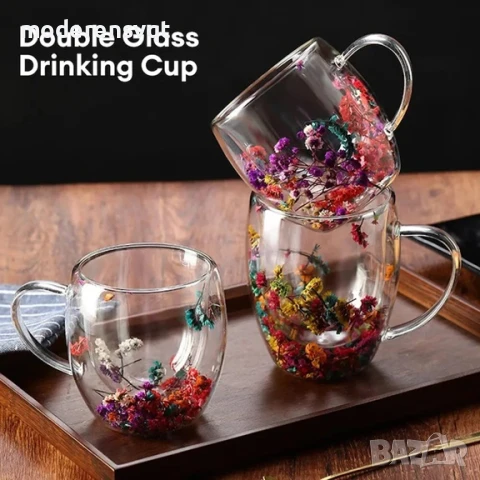 Стъклена чаша двустенно стъкло с цветя за кафе и чай 250 мл, снимка 2 - Чаши - 51204470