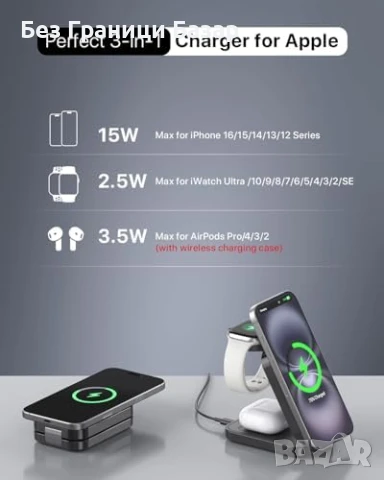 Ново 3 в 1 Сгъваемо Зарядно MagSafe iPhone 16/15/14/13 + Watch AirPods, снимка 6 - Друга електроника - 50636824