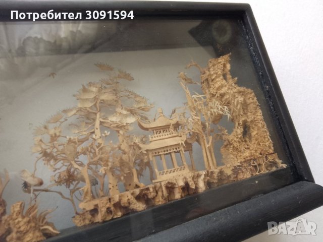  ВИНТИДЖ КИТАЙСКА РЪЧНО РЕЗБОВАНА КОРКОВА ДИОРАМА  ПРОИЗВЕДЕНАВЪВ ФУДЖИАН КИТАЙ   Размер  18см/13см,, снимка 6 - Антикварни и старинни предмети - 43172107