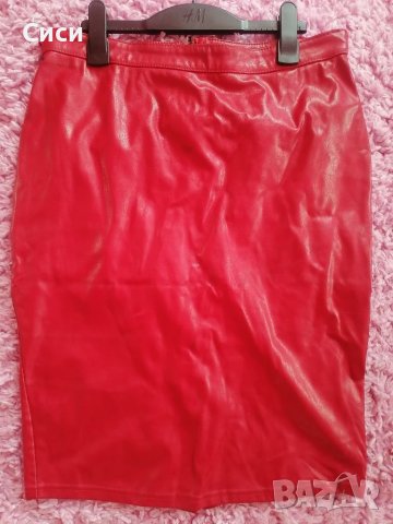 Червена кожена пола със златен цип, снимка 2 - Поли - 38126131