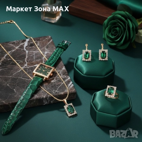 Елегантен Дамски комплект часовник и бижута с зелени кристали и златист корпус, снимка 4 - Дамски - 52864334