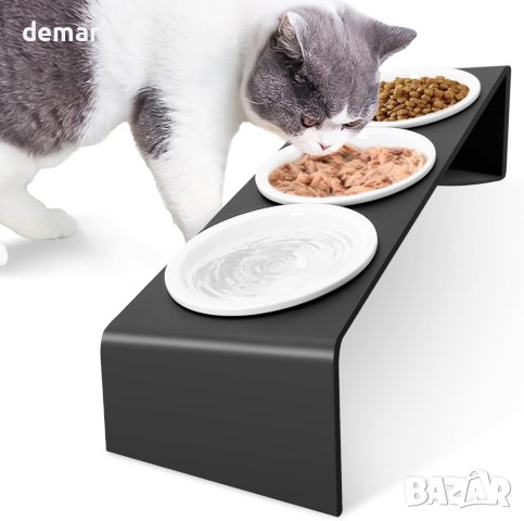 Керамични купи за храна, 3 БР. с метална стойка, наклонена на 15°, снимка 2 - За котки - 43674333