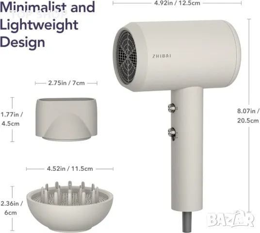 професионален сешоар ZHIBAI с йони,2 температурни режима, 1 дифузер и 1 накрайник за стилизиране,, снимка 3 - Сешоари - 48545628