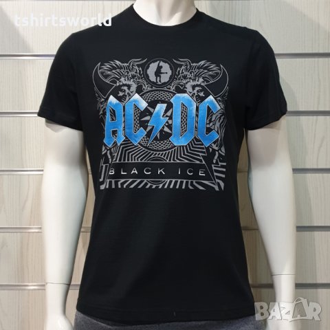 Нова мъжка тениска с дигитален печат на музикалната група AC/DC - Black Ice със син надпис 