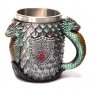 Код 94166 Стилна чаша от полирезин и метал с релефни декорации - дракони и надпис.