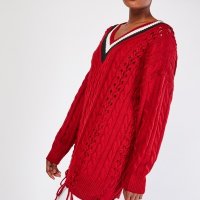 НАМАЛЕНИЕ НАЛИЧЕН Червен дълъг пуловер с връзки универсален размер от Англия, снимка 1 - Блузи с дълъг ръкав и пуловери - 26727458