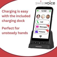 Нов SWISSVOICE S510-C Мобилен телефон за възрастни хора с докинг станция SOS Калъф, снимка 6 - Други - 43393745