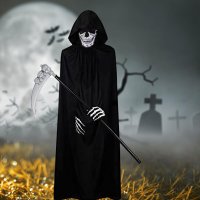 Костюм на Grim Reaper Хелоуин 4 части, черно наметало с маска на черепа, коса, скелетни ръкавици, снимка 3 - Други - 44069211