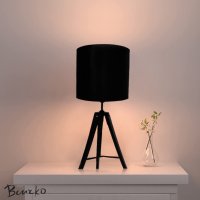 Нощна лампа с дървена основа триножник и текстилен, кадифен абажур, Ф 23,5 х1 7,5см, снимка 6 - Настолни лампи - 39431832