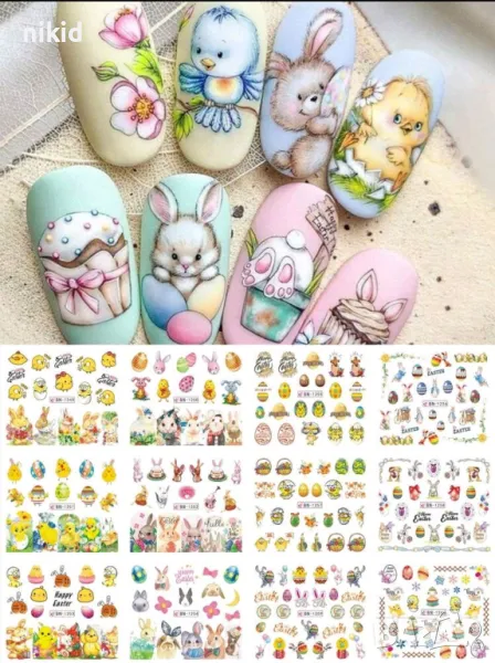 заек пиле яйце лист Великденски слайдер 12 в 1 татос ваденки водни стикери за нокти, снимка 1