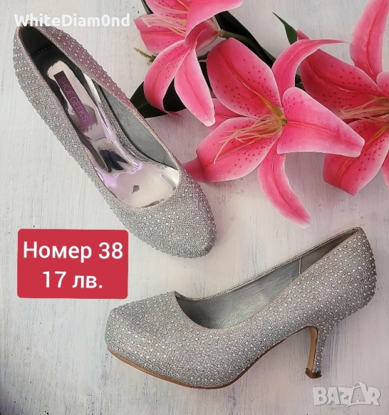 Сребърни дамски обувки на ток номер 38, снимка 1