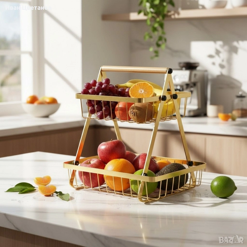 Двуетажна метална поставка за плодове Cheffinger – златист дизайн, снимка 1