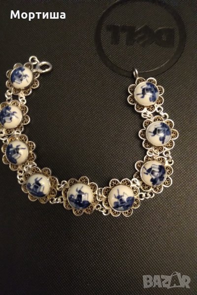  Блу Делфт антикварна сребърна гривна с порцелан    , снимка 1