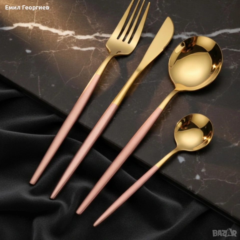 Комплект прибори за хранене от 24 части с луксозен дизайн и магнитна кутия в златисто и розово, снимка 1