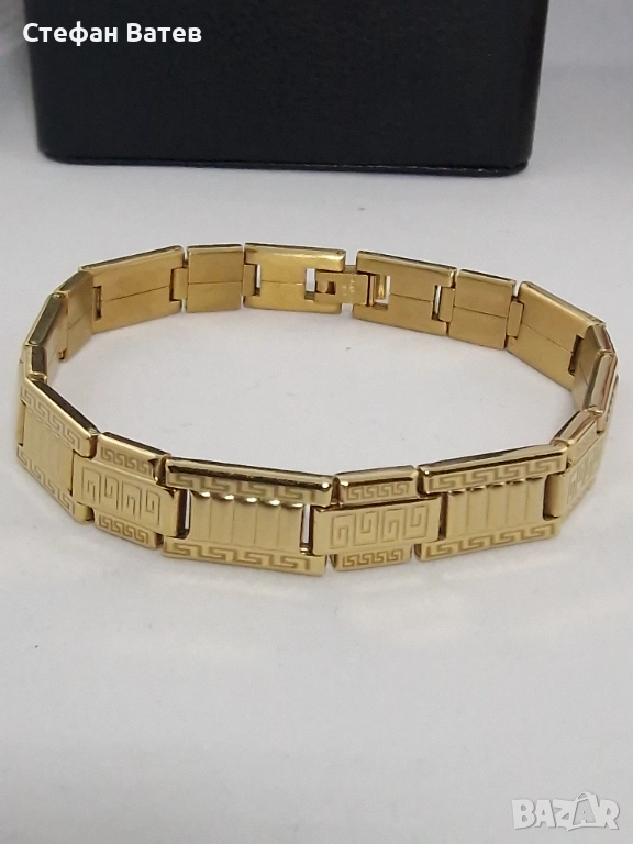 Мъжка гривна с релефни звена и гръцки мотив – 18K позлата, снимка 1