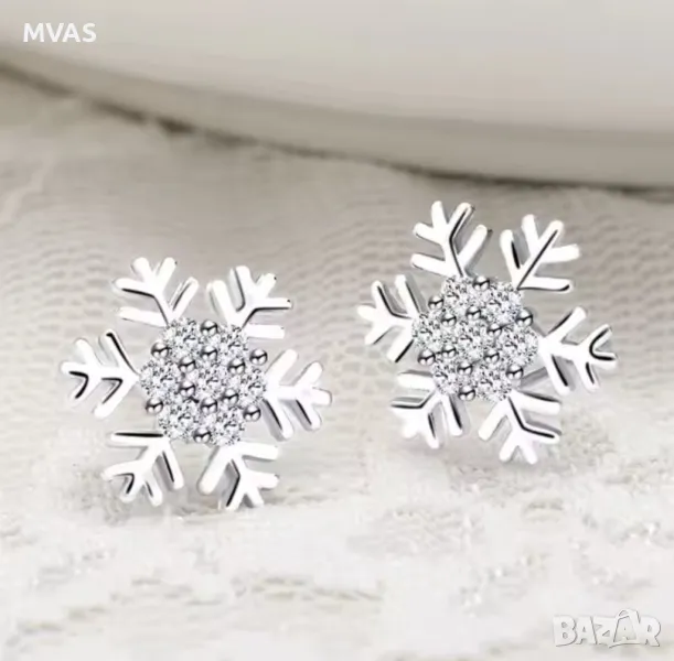 Нови коледни обеци Снежинки блестящи посребрени, снимка 1