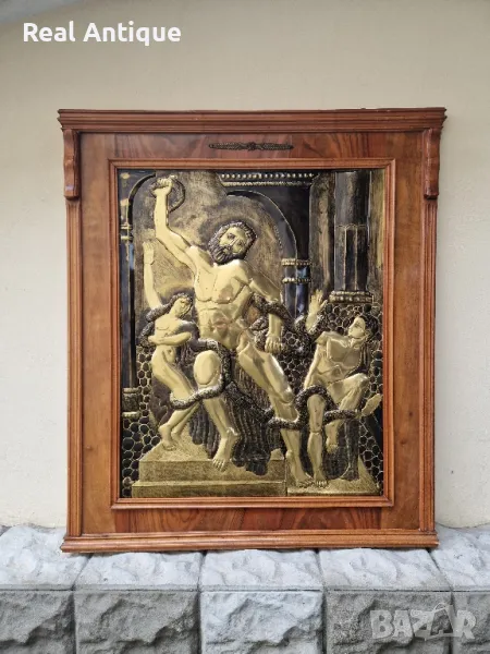 Превъзходна антикварна огромна медна картина пано рамкирана, снимка 1