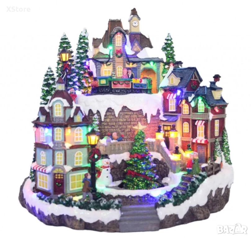 Празнична коледна сцена с LED осветление – Ръчно изработена декорация, снимка 1