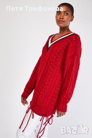 НАМАЛЕНИЕ НАЛИЧЕН Червен дълъг пуловер с връзки универсален размер от Англия