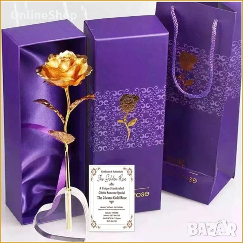Златна роза 24 карата със стойка сърце, снимка 9 - Колиета, медальони, синджири - 53305767