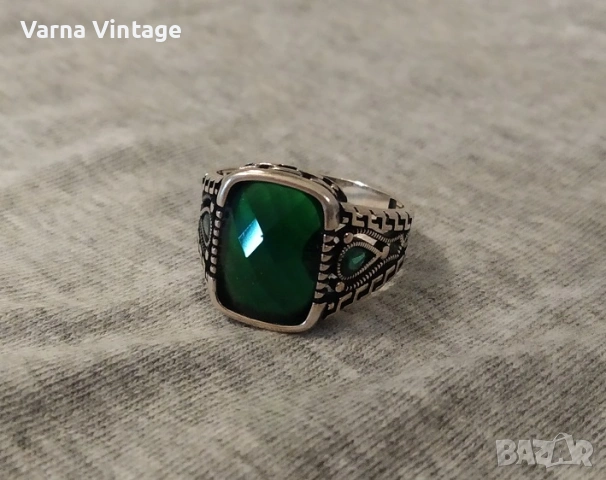Красив оригинален мъжки сребърен пръстен с турмалин. 925. 5,9 гр.
