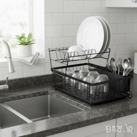 Двуетажен метален сушилник за съдове с отделение за прибори