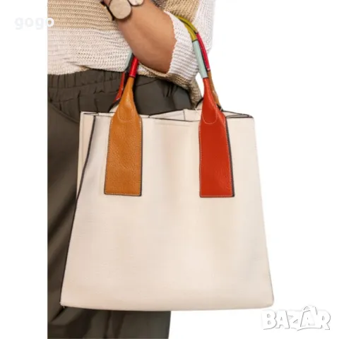 Елегантен комплект от дамска чанта с цветни дръжки и допълнителна малка чанта-несесер, снимка 6 - Чанти - 49293178