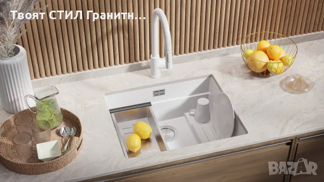 Бял гранитна мивка за вграждане под плот Прага 60 Level 560 x 470 мм