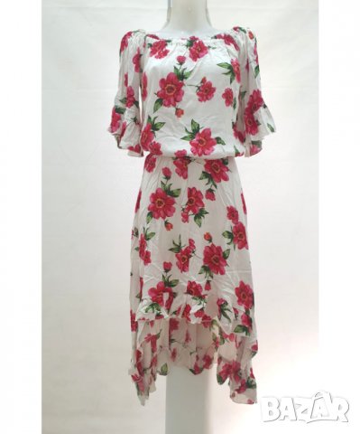 Асиметрична лятна бяла рокля с червени цветя марка Lady Boho - L, снимка 2 - Рокли - 28660857