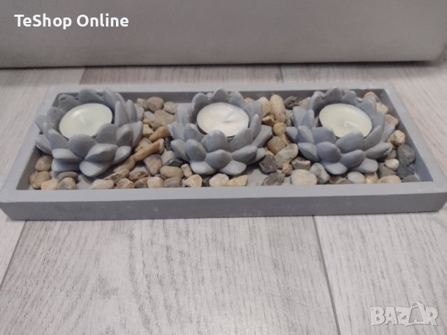 Свещник 3 броя свещи с декорация камъни и бял пясък, снимка 3 - Декорация за дома - 43422449