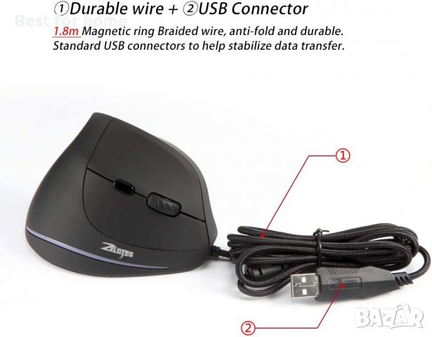 Вертикална мишка, ергономична мишка Zelotes T20, 3200 DPI 6 бутона LED оптична USB кабелна мишка за , снимка 4 - Клавиатури и мишки - 39294665